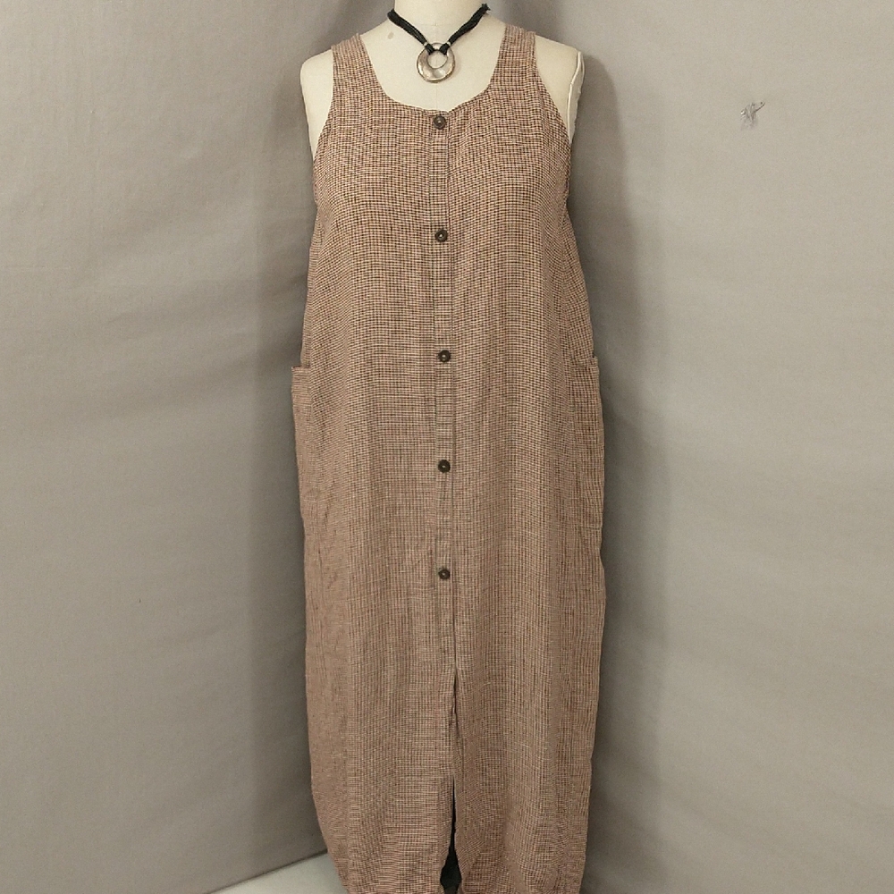 FLAX Jumper Maxi Dress 100% European Linen See Measurements L XL Plaid Colorful